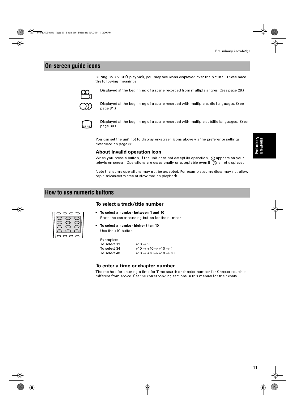 On-screen guide icons, How to use numeric buttons, About invalid operation icon | JVC XV-E100SL User Manual | Page 13 / 52