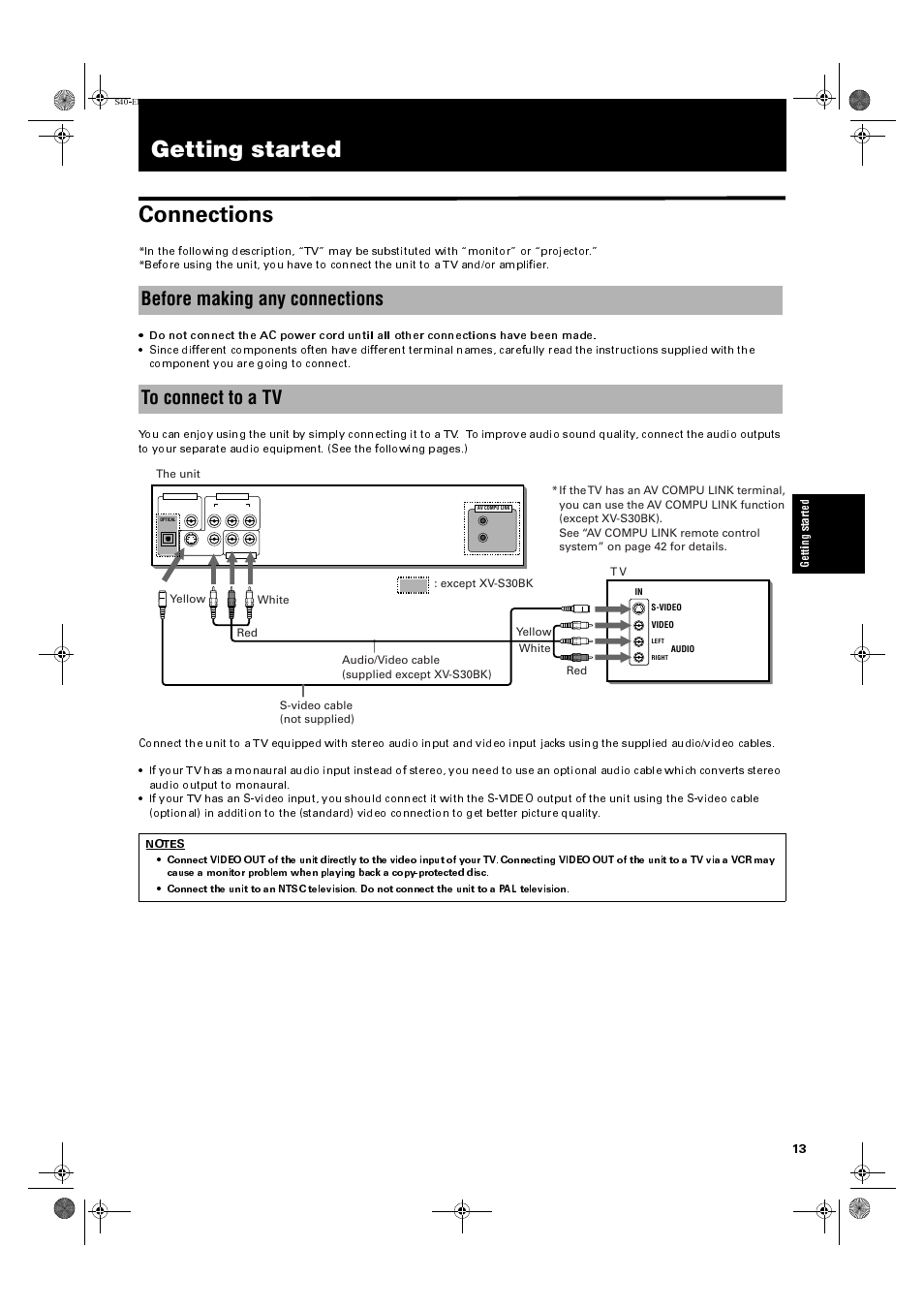 Getting started, Getting started connections, Before making any connections to connect to a tv | JVC XV-E100SL User Manual | Page 15 / 52