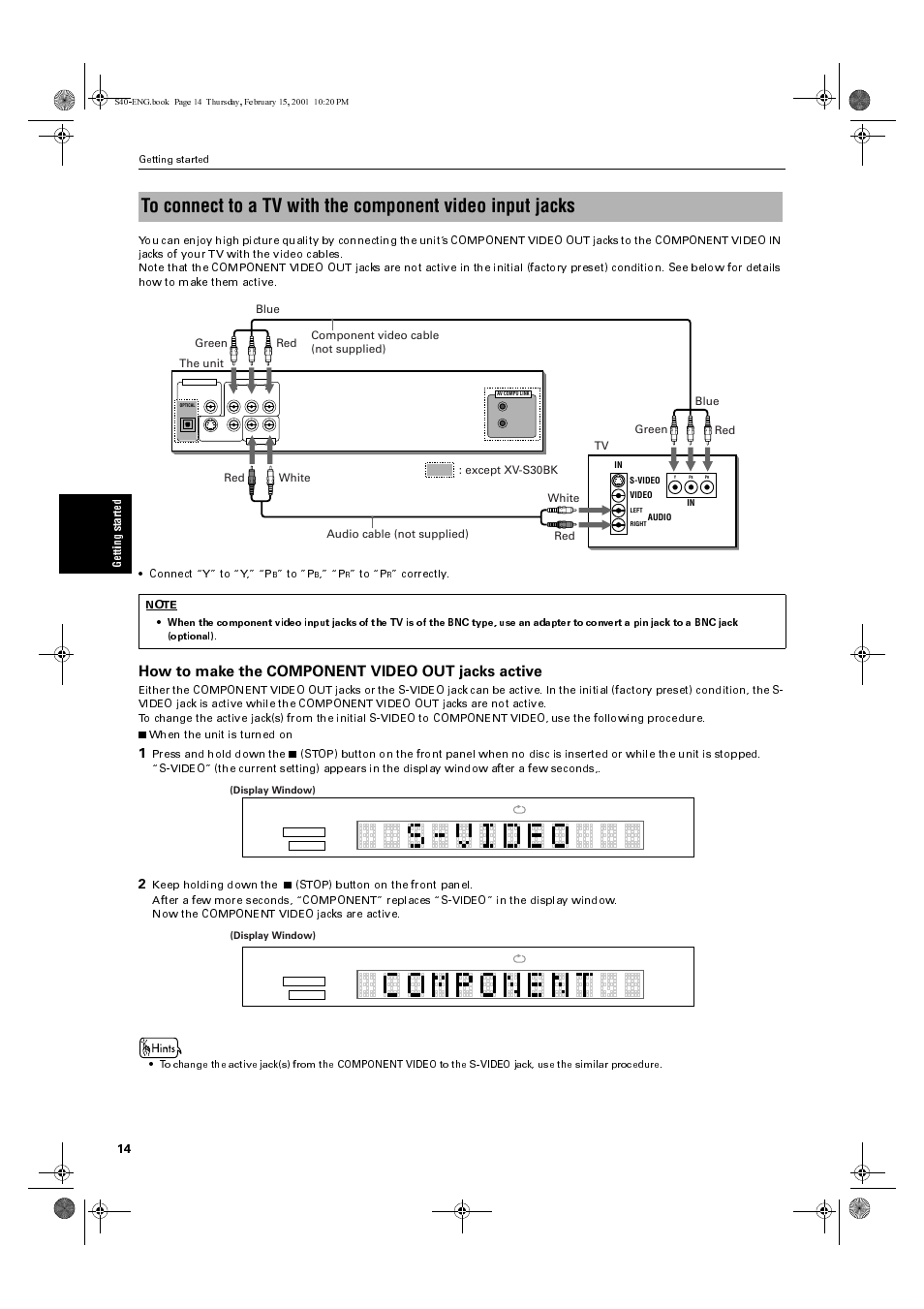 How to make the component video out jacks active | JVC XV-E100SL User Manual | Page 16 / 52