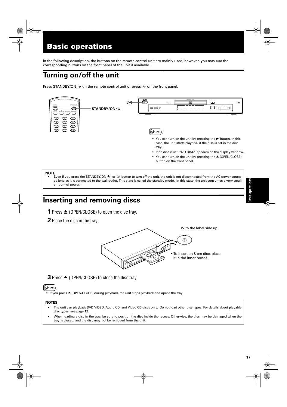 Basic operations, Turning on/off the unit, Inserting and removing discs | Press 0 (open/close) to open the disc tray, Place the disc in the tray, Press 0 (open/close) to close the disc tray | JVC XV-E100SL User Manual | Page 19 / 52