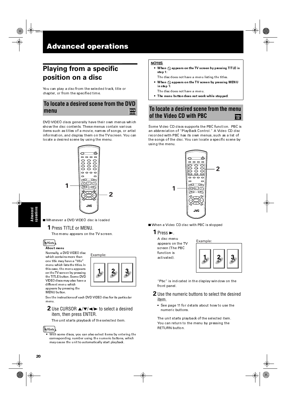 Advanced operations, Press title or menu, Press 3 | Use the numeric buttons to select the desired item, Ad va nce d op er ations, The menu appears on the tv screen, The unit starts playback of the selected item, Example | JVC XV-E100SL User Manual | Page 22 / 52