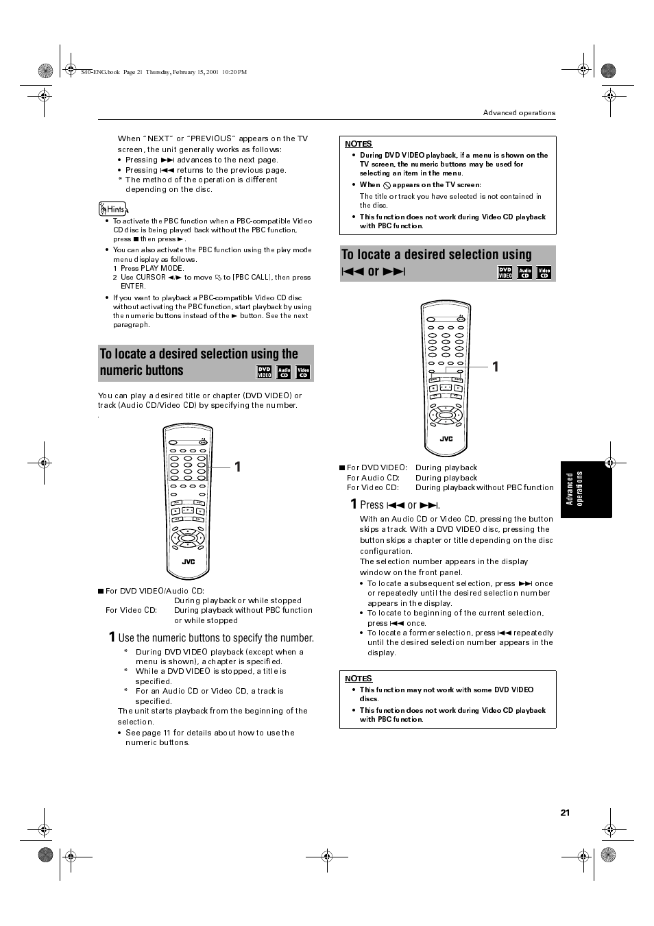 Use the numeric buttons to specify the number, Press 4 or, Advanced operations | JVC XV-E100SL User Manual | Page 23 / 52