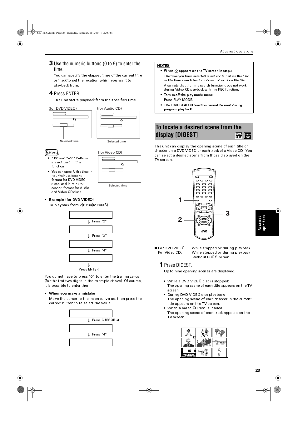 Use the numeric buttons (0 to 9) to enter the time, Press enter, Press digest | JVC XV-E100SL User Manual | Page 25 / 52