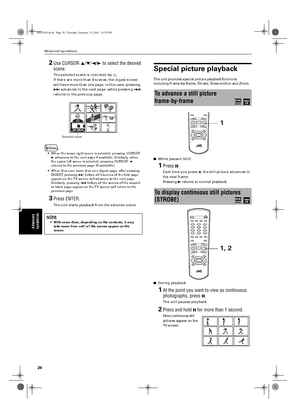 Special picture playback, Use cursor 5/°/2/3 to select the desired scene, Press enter | Press 8, Press and hold 8 for more than 1 second, Ad va nce d op er ations, The unit starts playback from the selected scene, The unit pauses playback | JVC XV-E100SL User Manual | Page 26 / 52