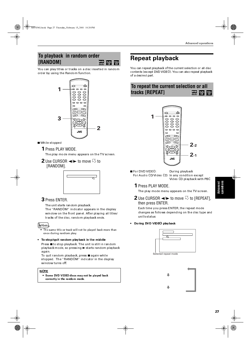 Repeat playback, Press play mode, Use cursor 2/3 to move to [random | Press enter, The play mode menu appears on the tv screen | JVC XV-E100SL User Manual | Page 29 / 52