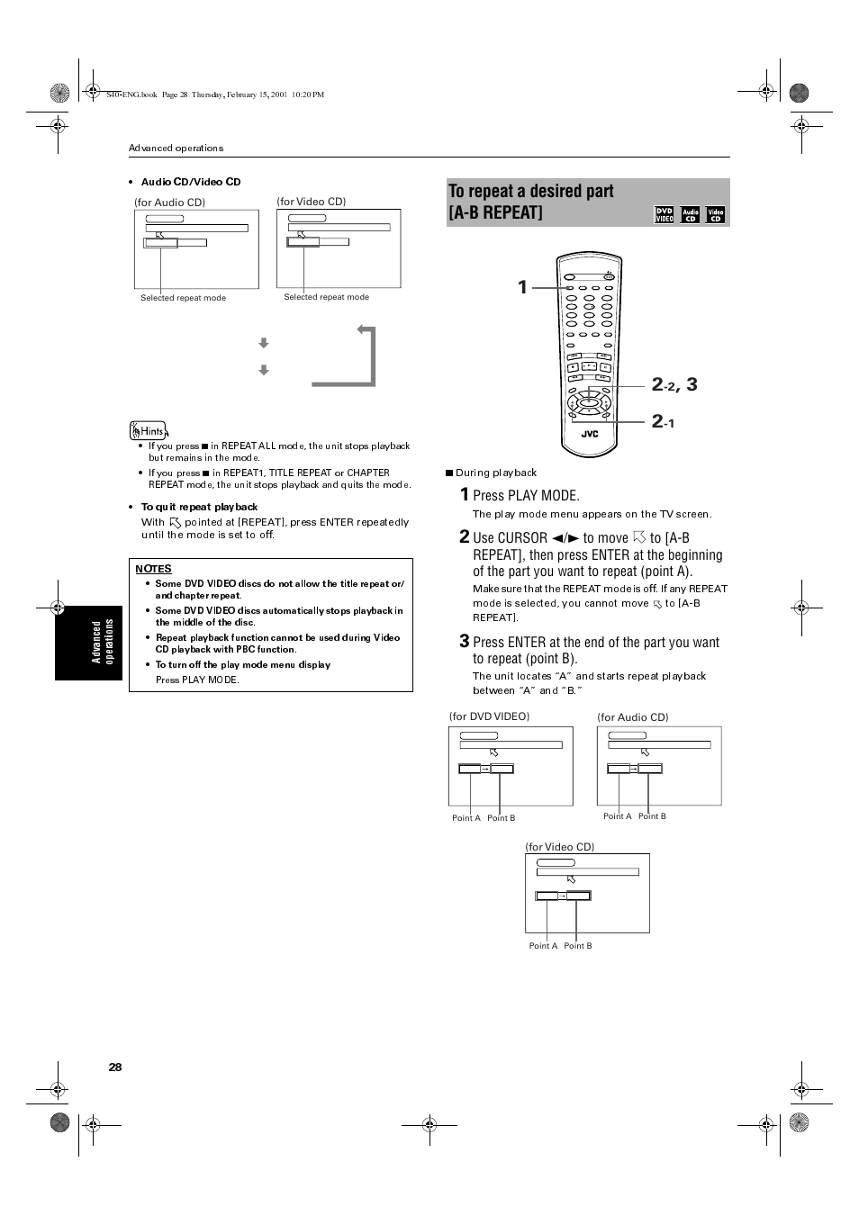 Press play mode, Ad va nce d op er ations  audio cd/video cd, The play mode menu appears on the tv screen | For video cd), For audio cd), For dvd video) | JVC XV-E100SL User Manual | Page 30 / 52