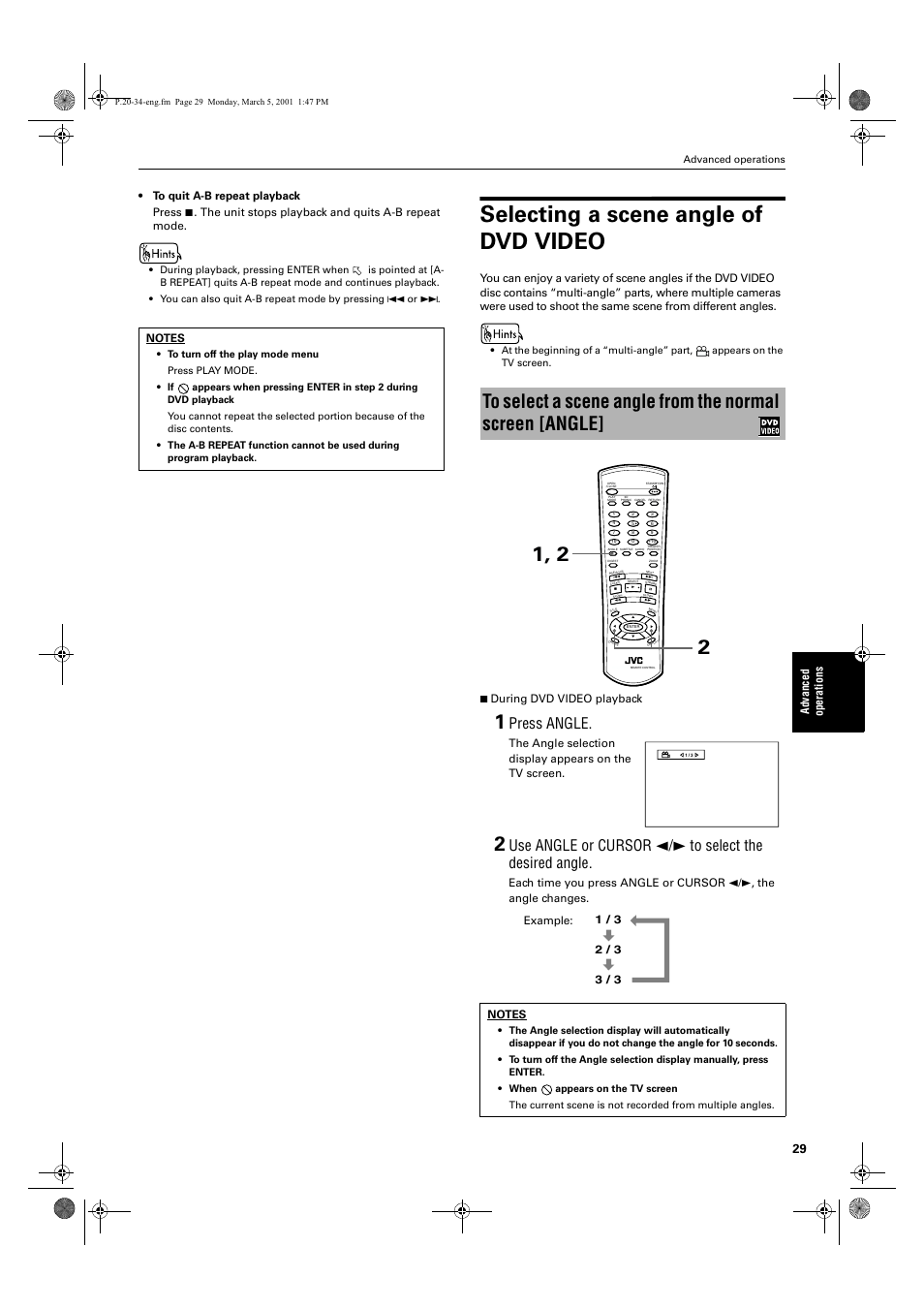 Selecting a scene angle of dvd video, Press angle, The unit stops playback and quits a-b repeat mode | 7 during dvd video playback | JVC XV-E100SL User Manual | Page 31 / 52