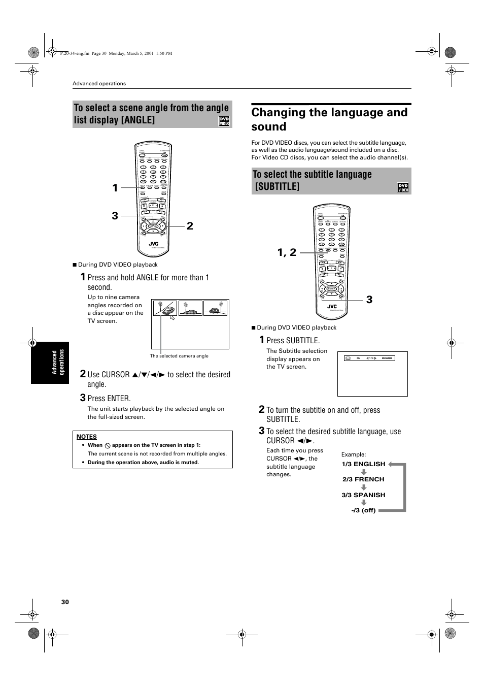 Changing the language and sound, Press and hold angle for more than 1 second, Use cursor 5/∞/2/3 to select the desired angle | Press enter, Press subtitle, Advanced operations | JVC XV-E100SL User Manual | Page 32 / 52