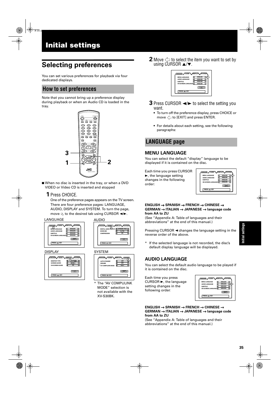 Initial settings, Initial settings selecting preferences, How to set preferences | Language page, Press choice, Press cursor 2/3 to select the setting you want, Menu language, Audio language, Language, Audio | JVC XV-E100SL User Manual | Page 37 / 52