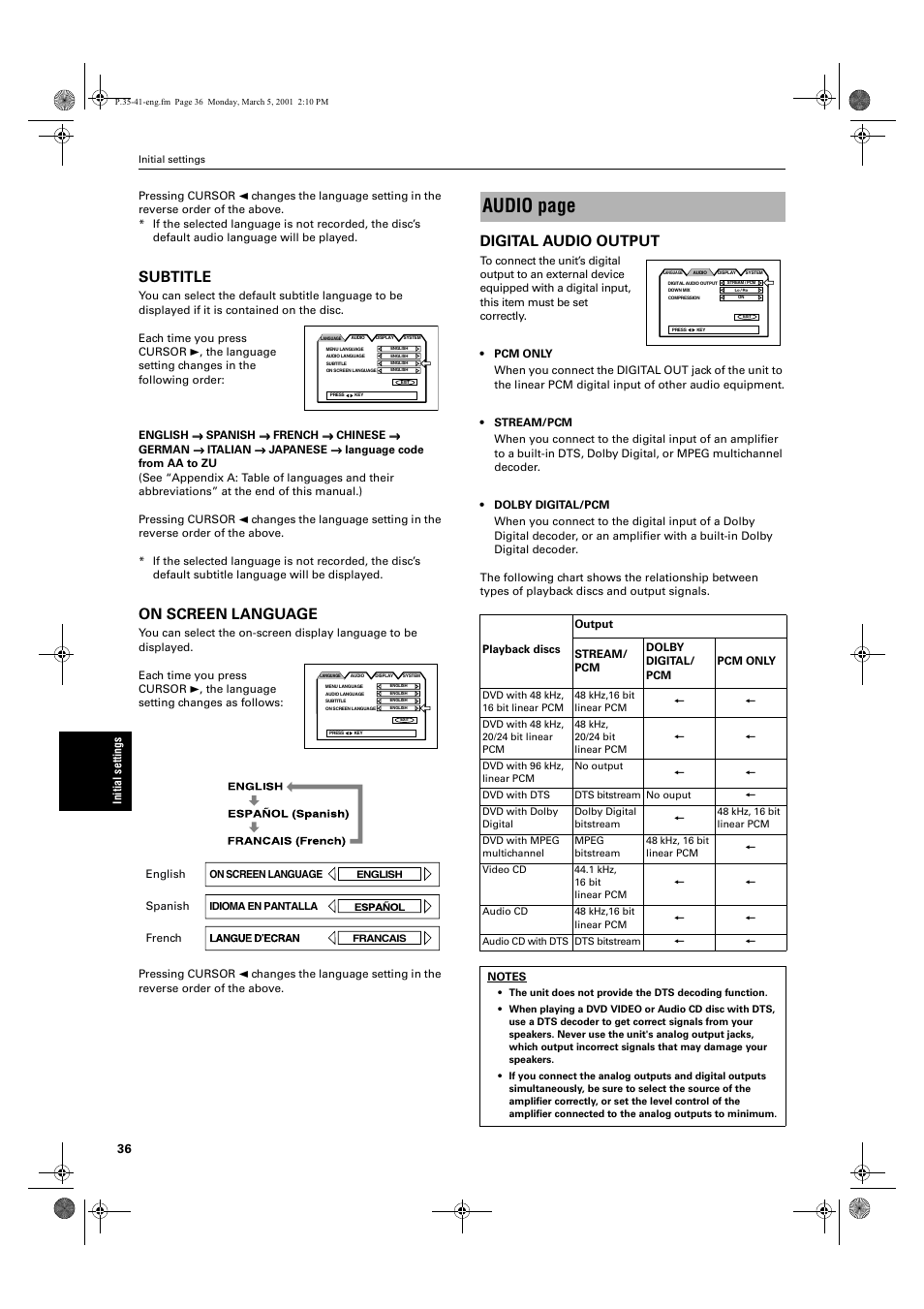 Audio page, Subtitle, On screen language | Digital audio output | JVC XV-E100SL User Manual | Page 38 / 52