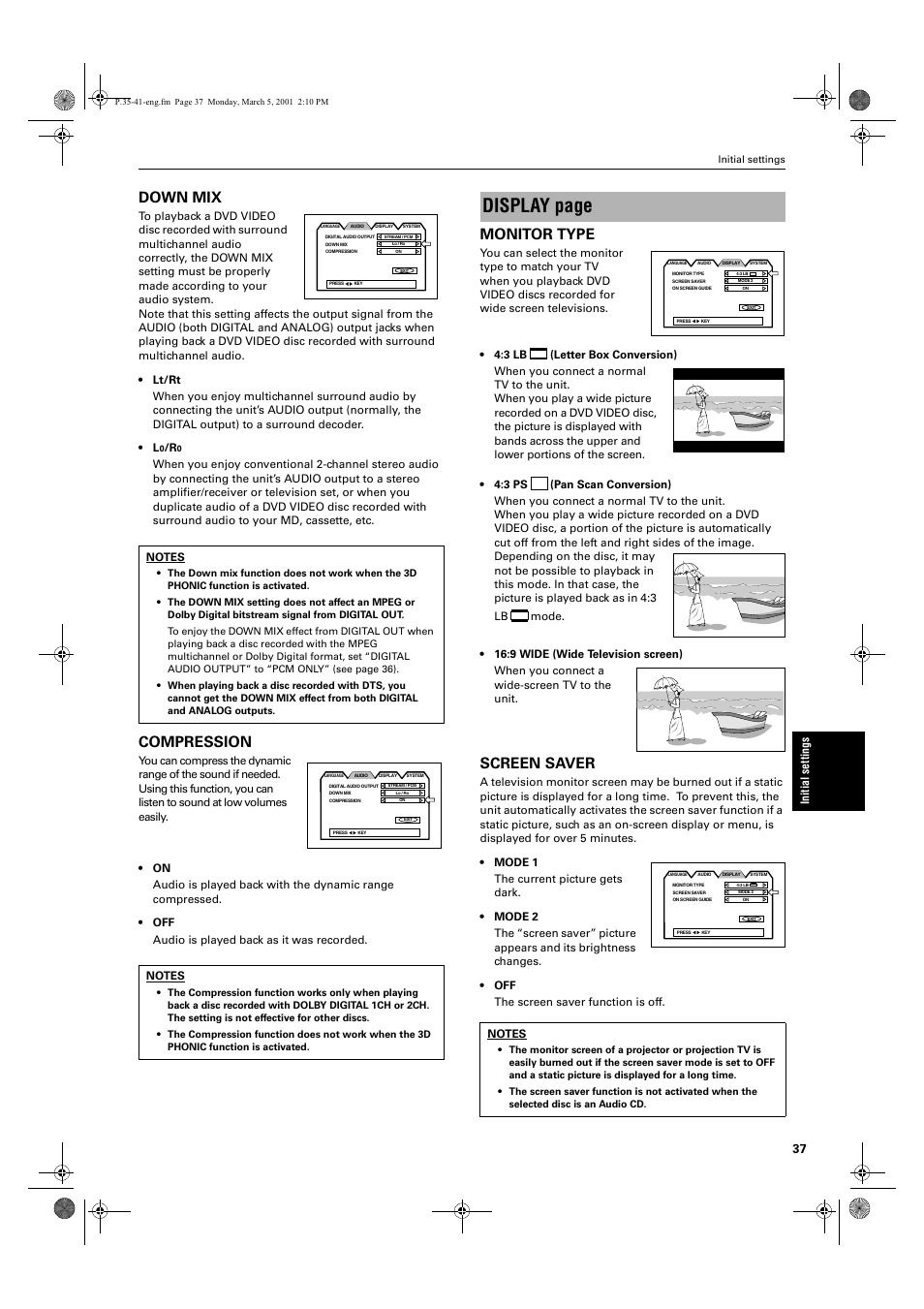 Display page, Down mix, Compression | Monitor type, Screen saver | JVC XV-E100SL User Manual | Page 39 / 52