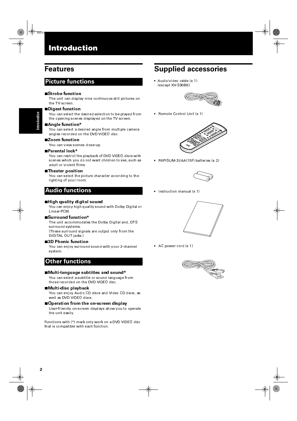 Introduction, Introduction features, Supplied accessories | Picture functions audio functions other functions, Strobe function, Digest function, Angle function, Zoom function, Parental lock, Theater position | JVC XV-E100SL User Manual | Page 4 / 52