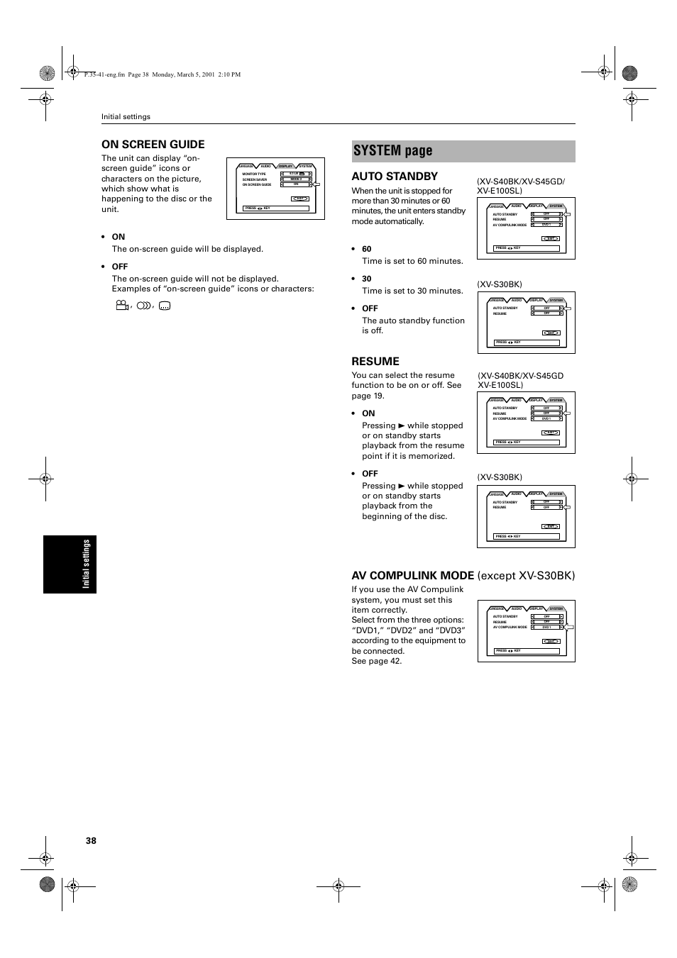 System page, On screen guide, Auto standby | Resume, Av compulink mode (except xv-s30bk), Xv-s30bk) | JVC XV-E100SL User Manual | Page 40 / 52