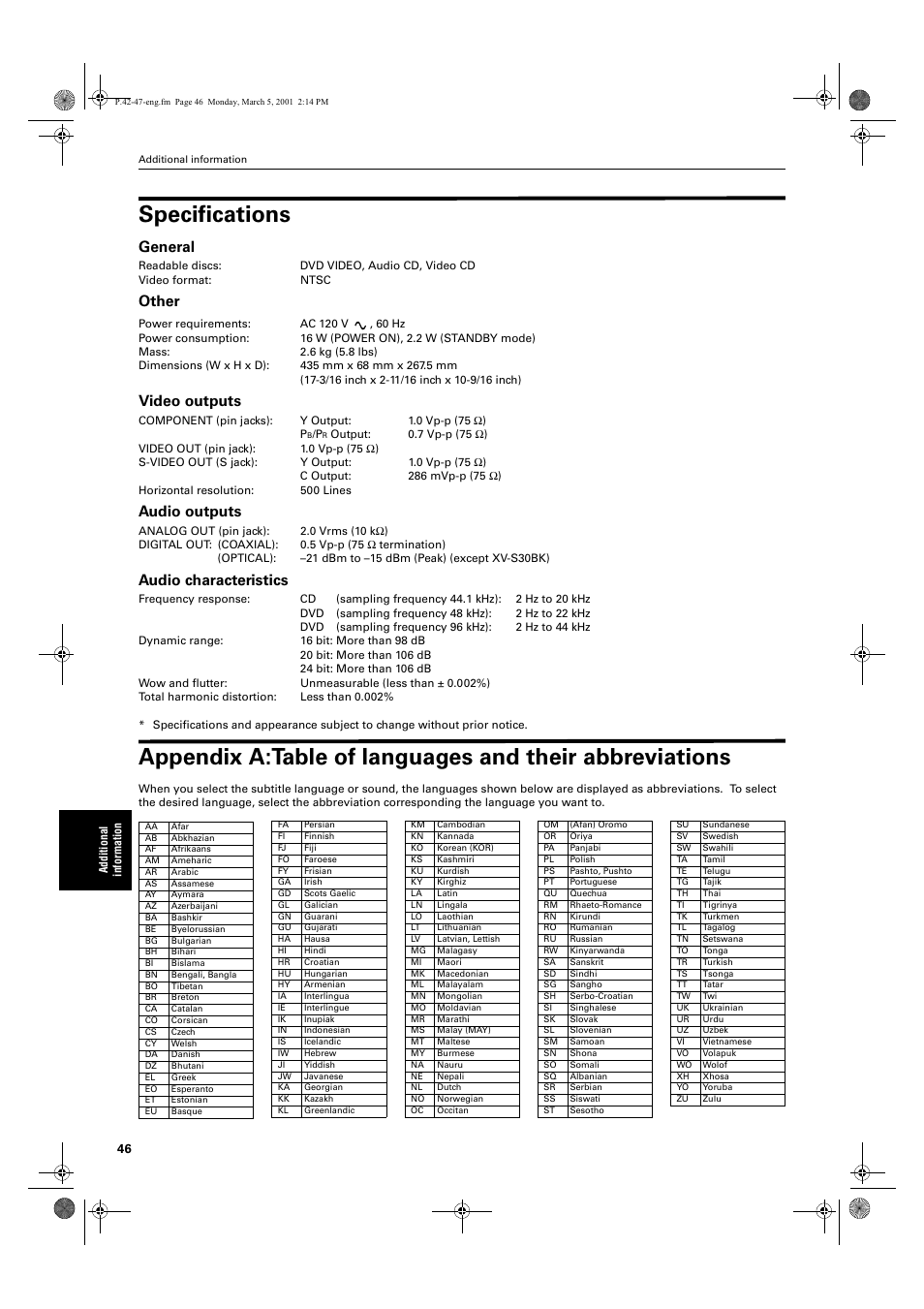 Specifications, General, Other | Video outputs, Audio outputs, Audio characteristics | JVC XV-E100SL User Manual | Page 48 / 52