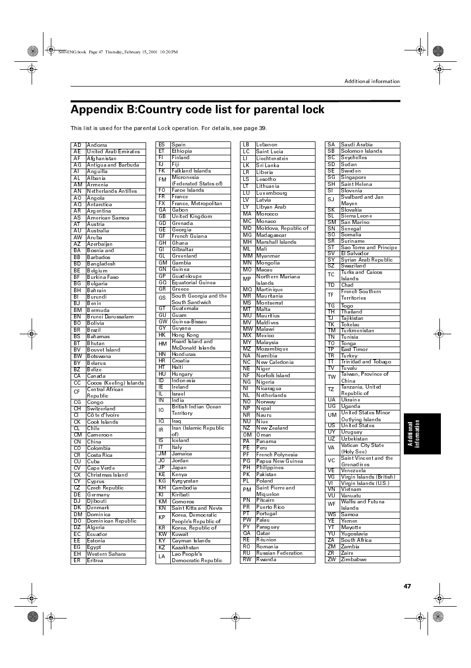 Appendix b:country code list for parental lock | JVC XV-E100SL User Manual | Page 49 / 52