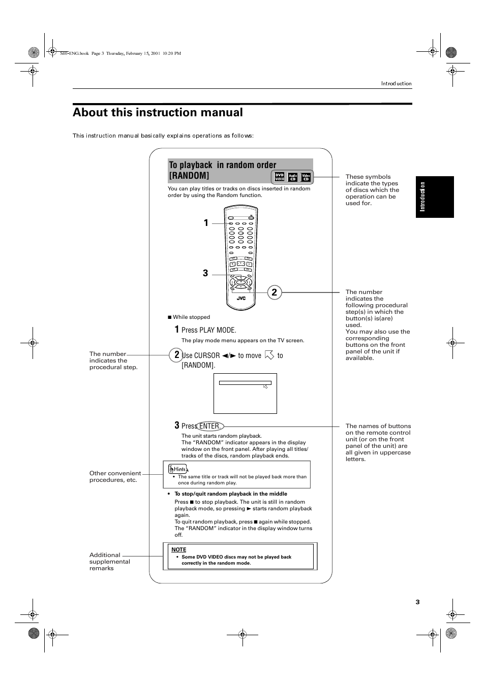 About this instruction manual, Press play mode, Use cursor 2/3 to move to [random | Press enter, Intro du ction | JVC XV-E100SL User Manual | Page 5 / 52