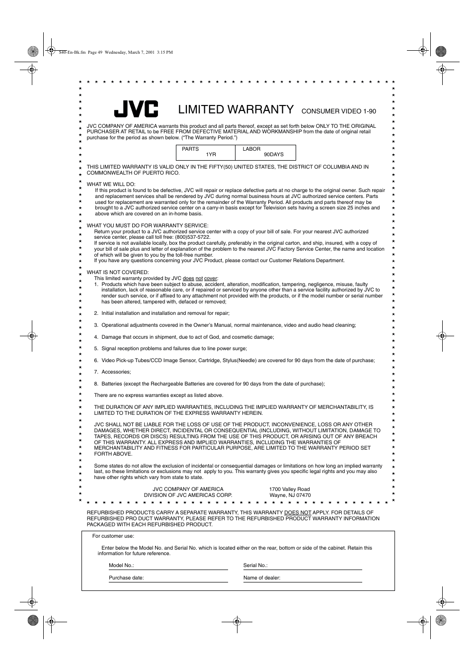 Limited warranty | JVC XV-E100SL User Manual | Page 51 / 52