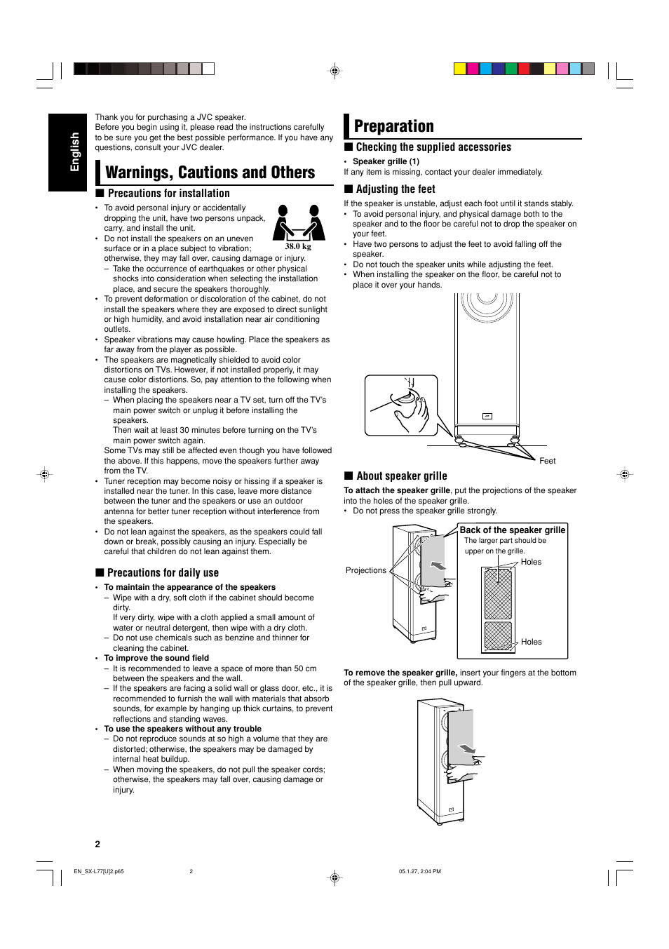 Preparation, Warnings, cautions and others | JVC SX-L77 User Manual | Page 2 / 8