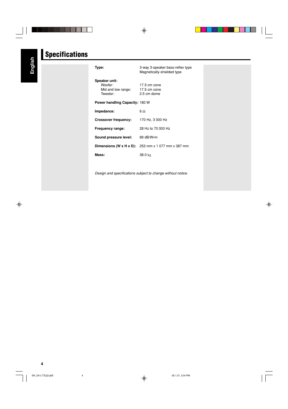 Specifications, English | JVC SX-L77 User Manual | Page 4 / 8