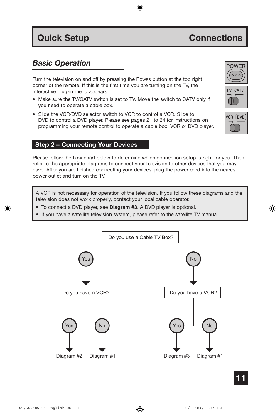 Quick setup connections, Basic operation | JVC AV 65WP74 User Manual | Page 11 / 64