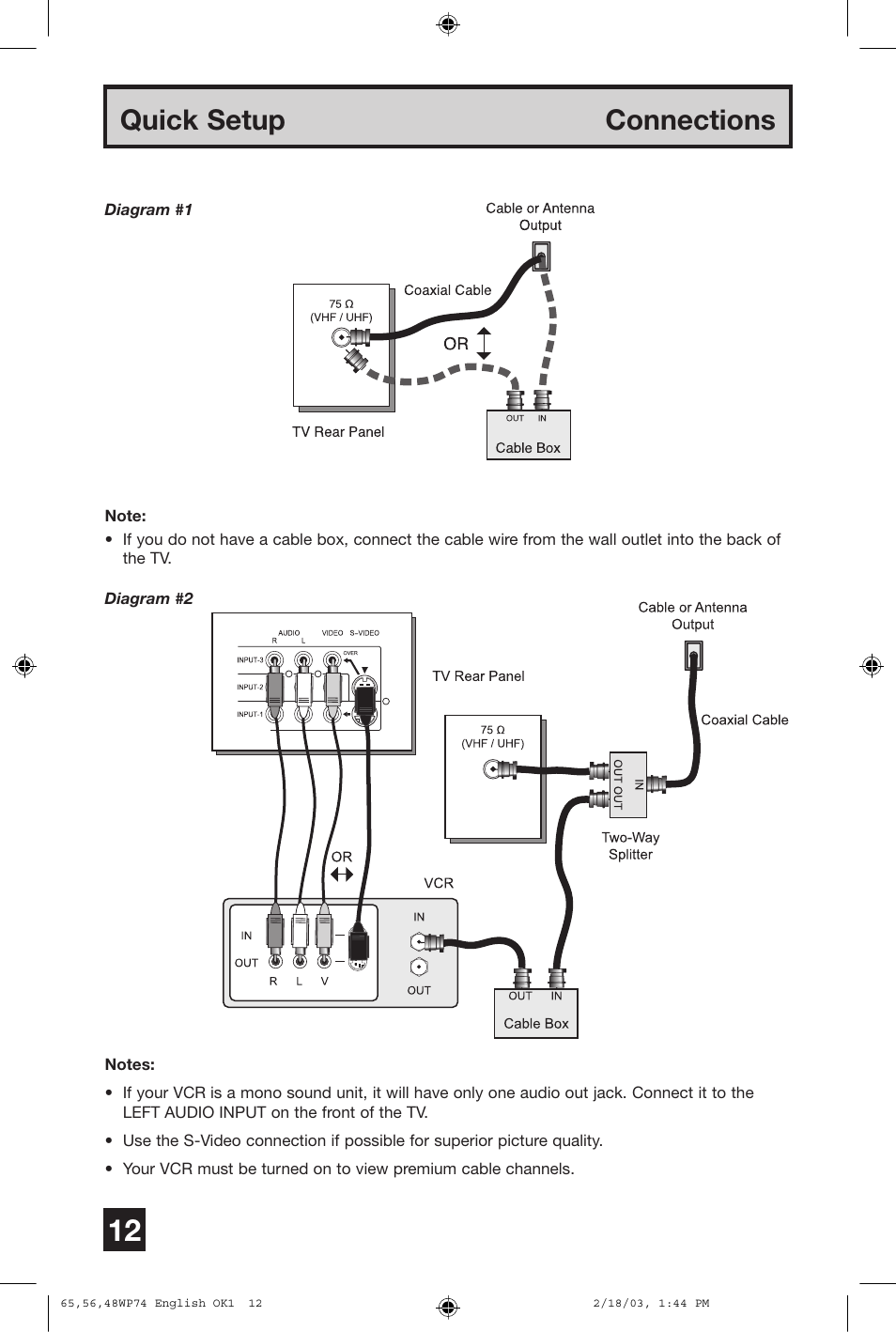 Quick setup connections | JVC AV 65WP74 User Manual | Page 12 / 64