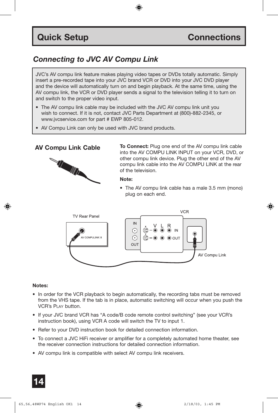 Quick setup connections, Connecting to jvc av compu link | JVC AV 65WP74 User Manual | Page 14 / 64