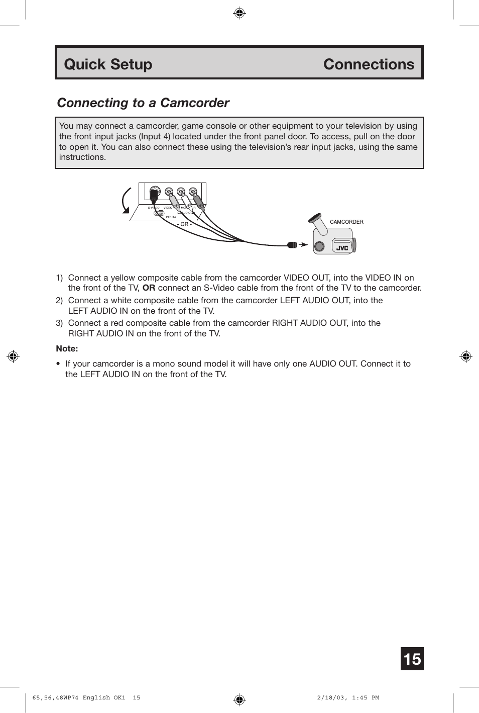 Quick setup connections, Connecting to a camcorder | JVC AV 65WP74 User Manual | Page 15 / 64