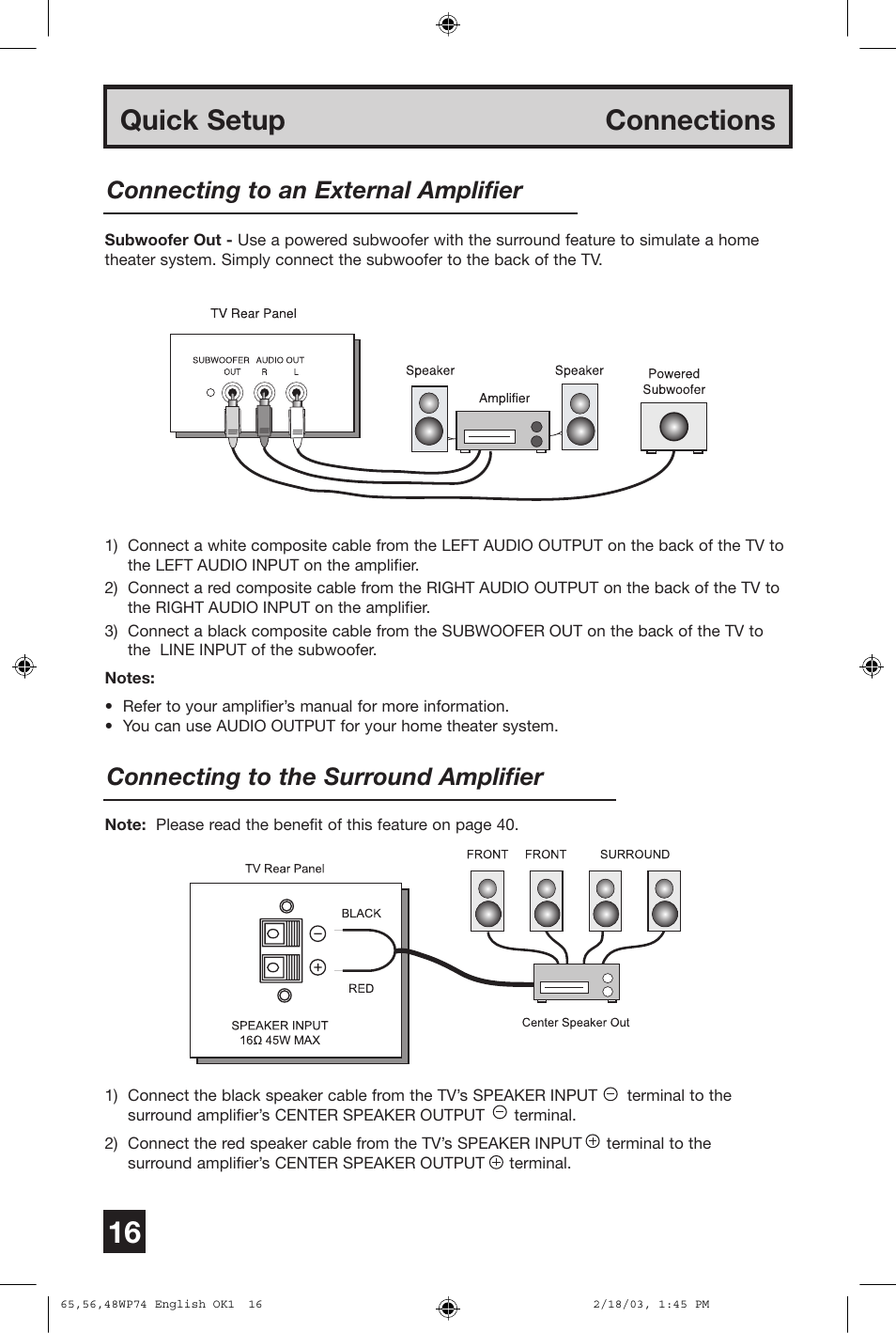 Quick setup connections, Connecting to the surround amplifier, Connecting to an external amplifier | JVC AV 65WP74 User Manual | Page 16 / 64