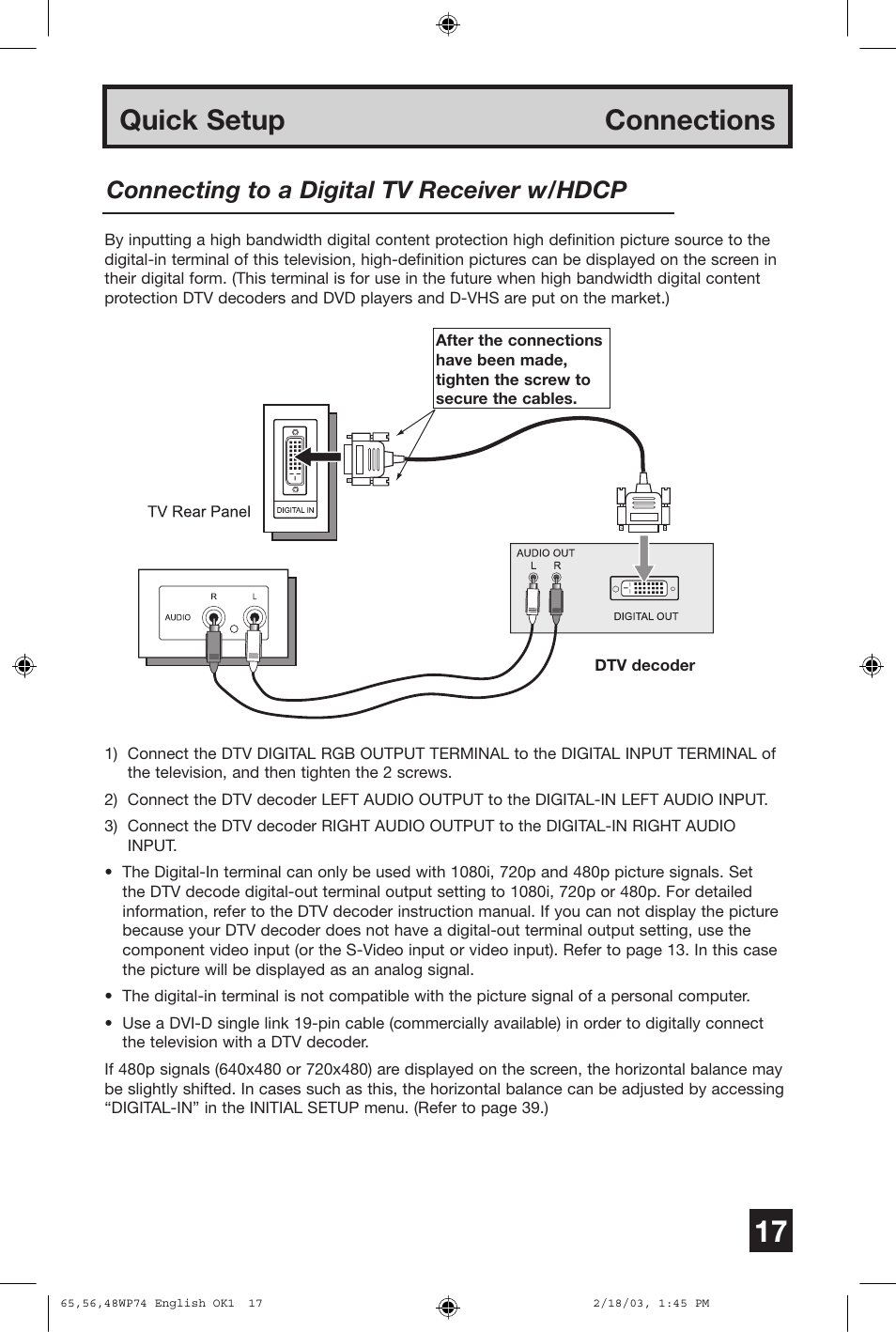 Quick setup connections, Connecting to a digital tv receiver w/hdcp | JVC AV 65WP74 User Manual | Page 17 / 64