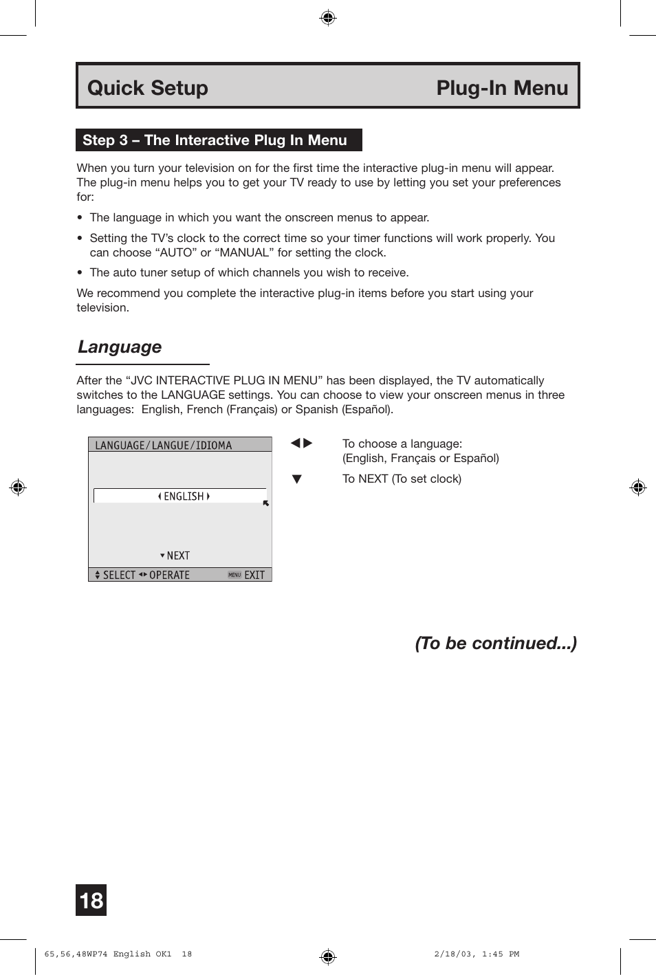 Quick setup plug-in menu, Language (to be continued...) | JVC AV 65WP74 User Manual | Page 18 / 64