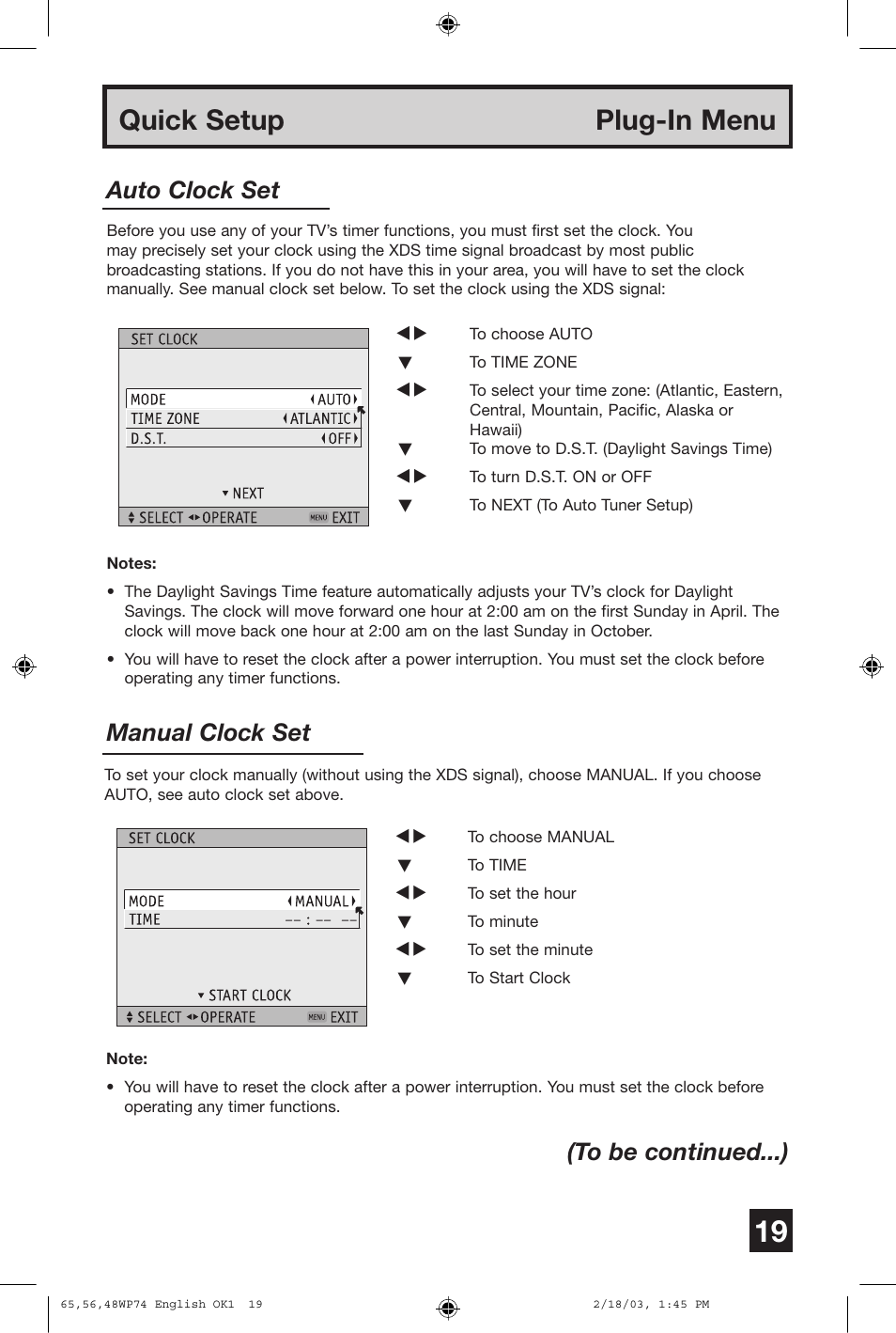 Quick setup plug-in menu, Manual clock set, Auto clock set (to be continued...) | JVC AV 65WP74 User Manual | Page 19 / 64