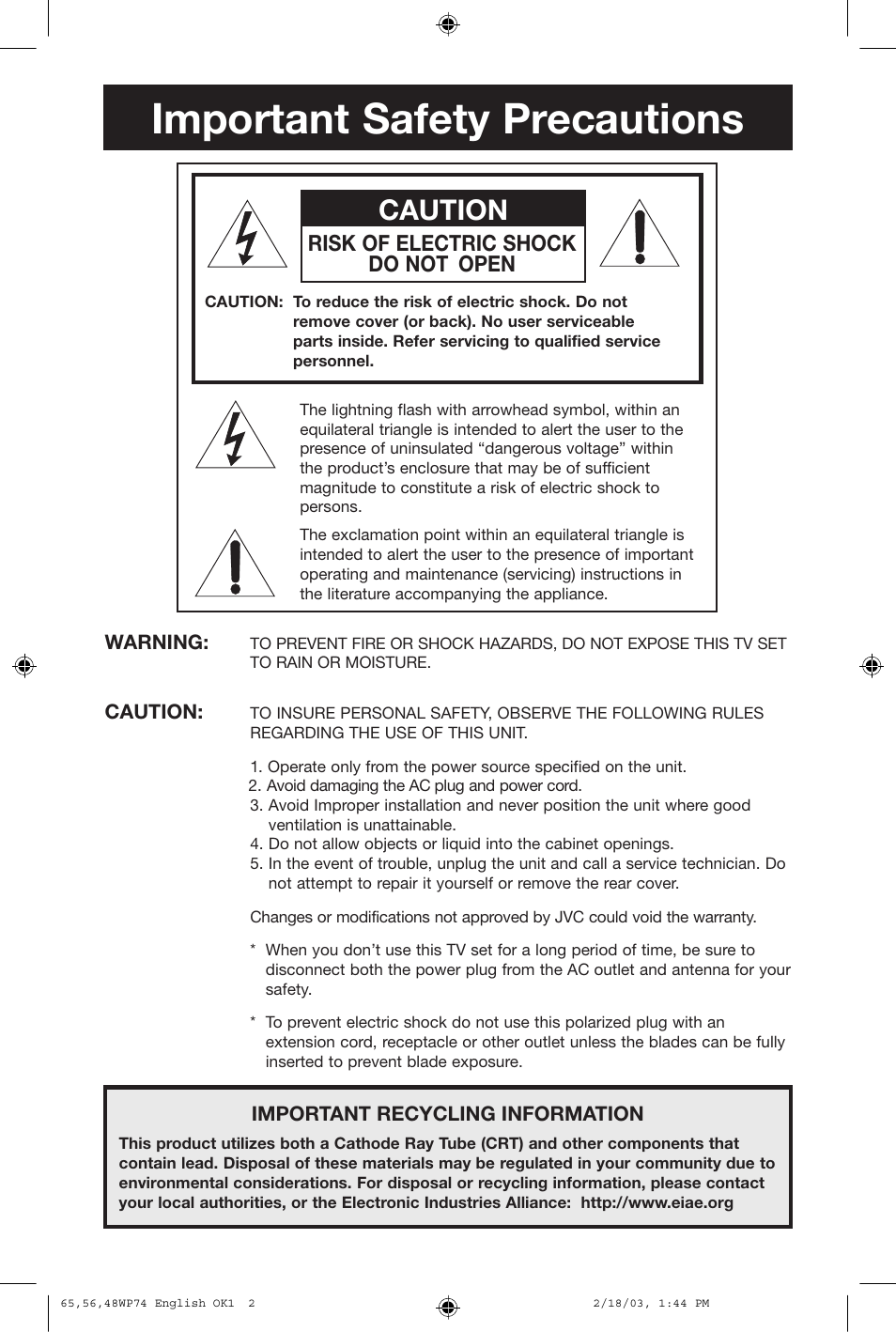 Important safety precautions, Caution, Risk of electric shock do not open | JVC AV 65WP74 User Manual | Page 2 / 64