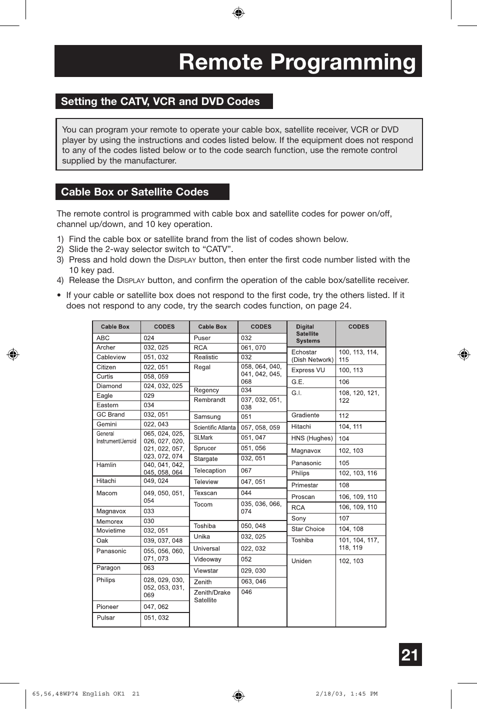 Remote programming | JVC AV 65WP74 User Manual | Page 21 / 64