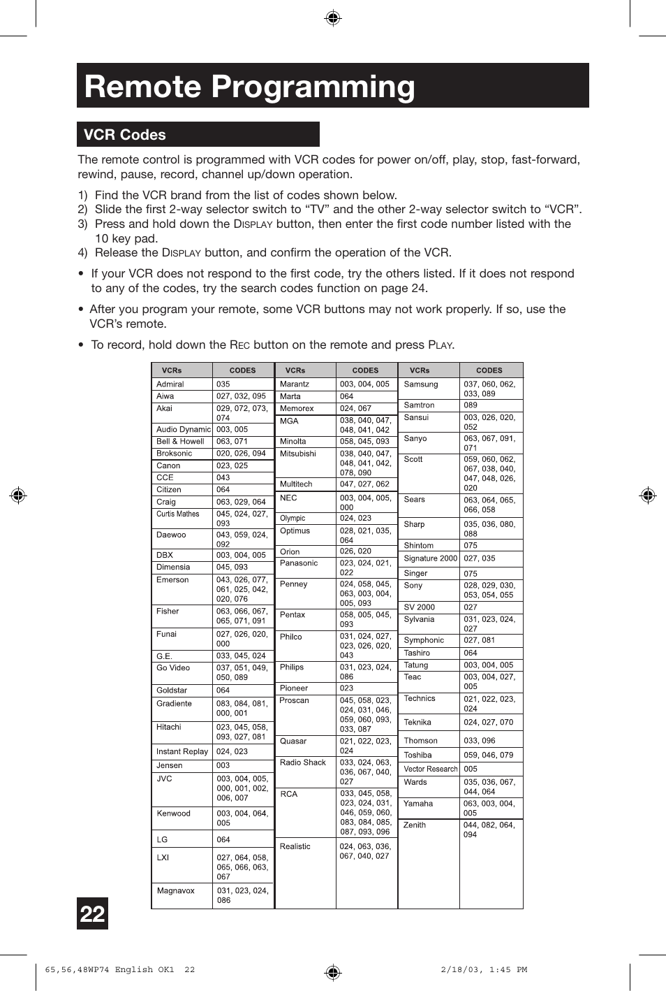 Remote programming, Vcr codes | JVC AV 65WP74 User Manual | Page 22 / 64