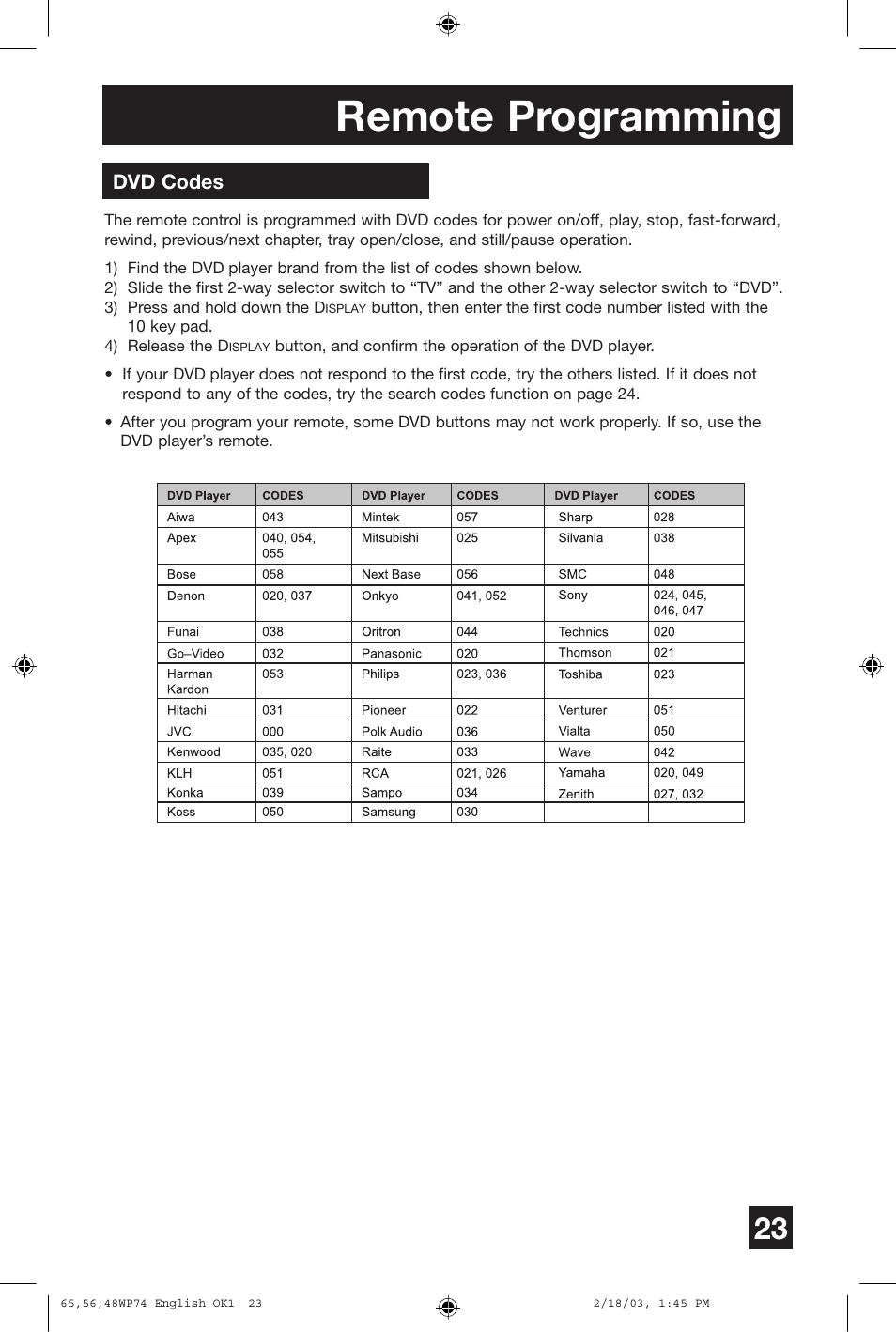 Remote programming | JVC AV 65WP74 User Manual | Page 23 / 64