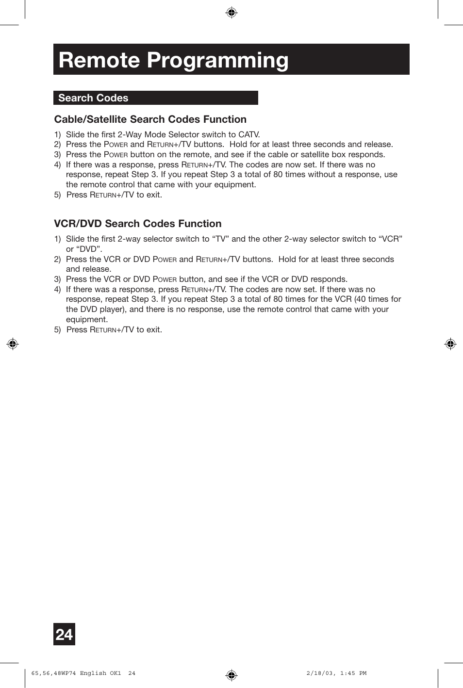 Remote programming, Cable/satellite search codes function, Vcr/dvd search codes function | Search codes | JVC AV 65WP74 User Manual | Page 24 / 64