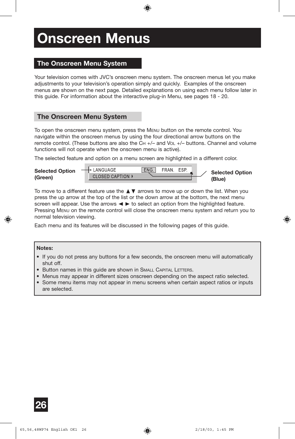 Onscreen menus, The onscreen menu system | JVC AV 65WP74 User Manual | Page 26 / 64