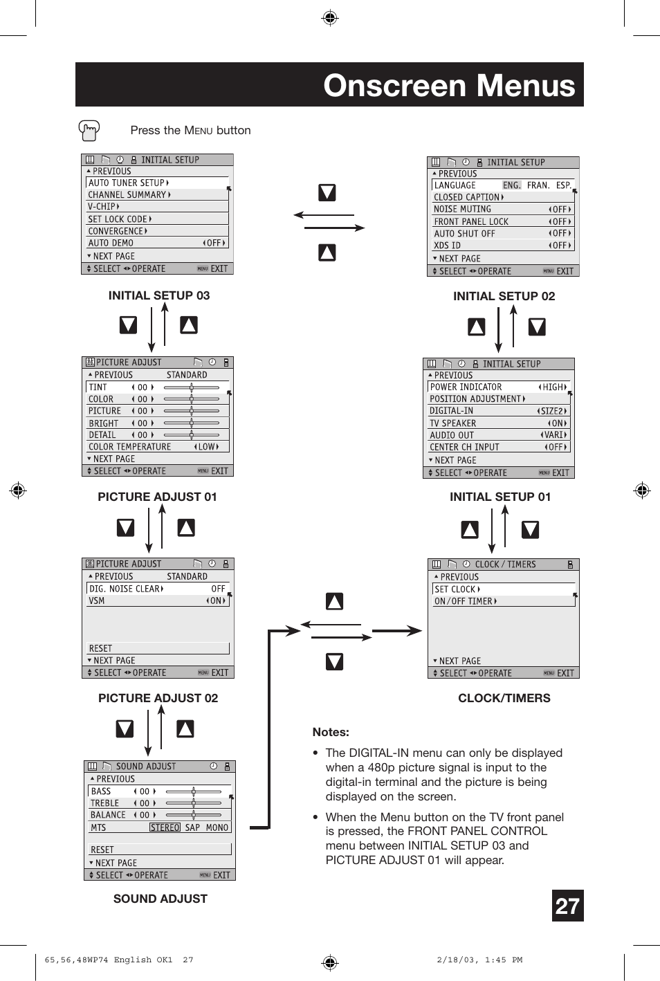 Onscreen menus | JVC AV 65WP74 User Manual | Page 27 / 64