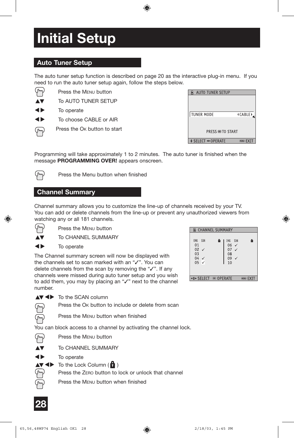 Initial setup, Auto tuner setup, Channel summary | JVC AV 65WP74 User Manual | Page 28 / 64