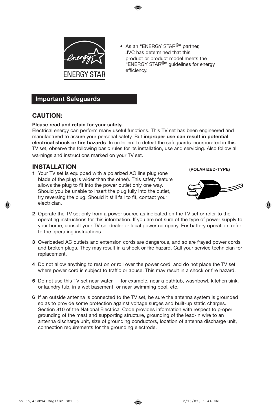 Caution, Installation, Important safeguards | JVC AV 65WP74 User Manual | Page 3 / 64