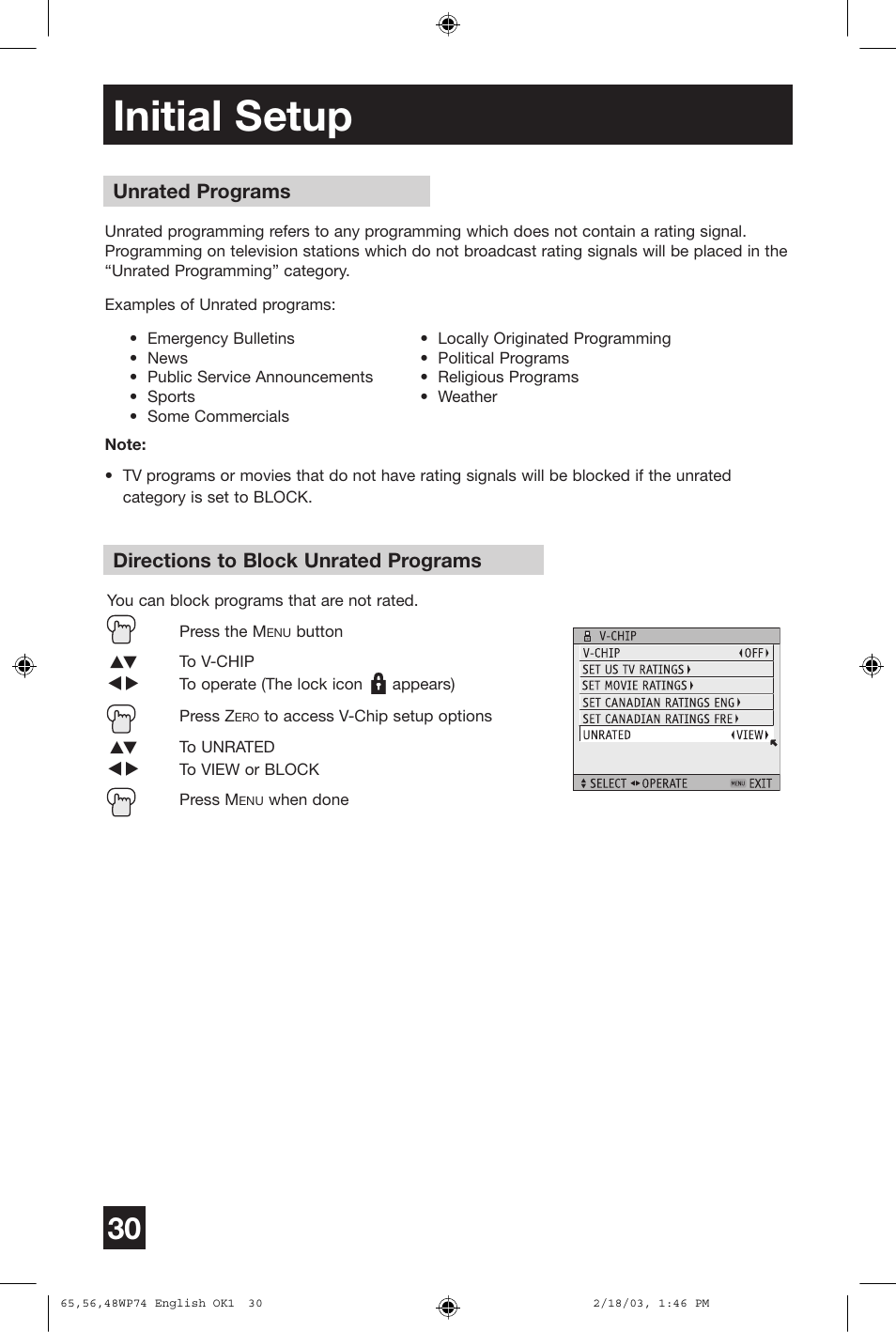 Initial setup | JVC AV 65WP74 User Manual | Page 30 / 64