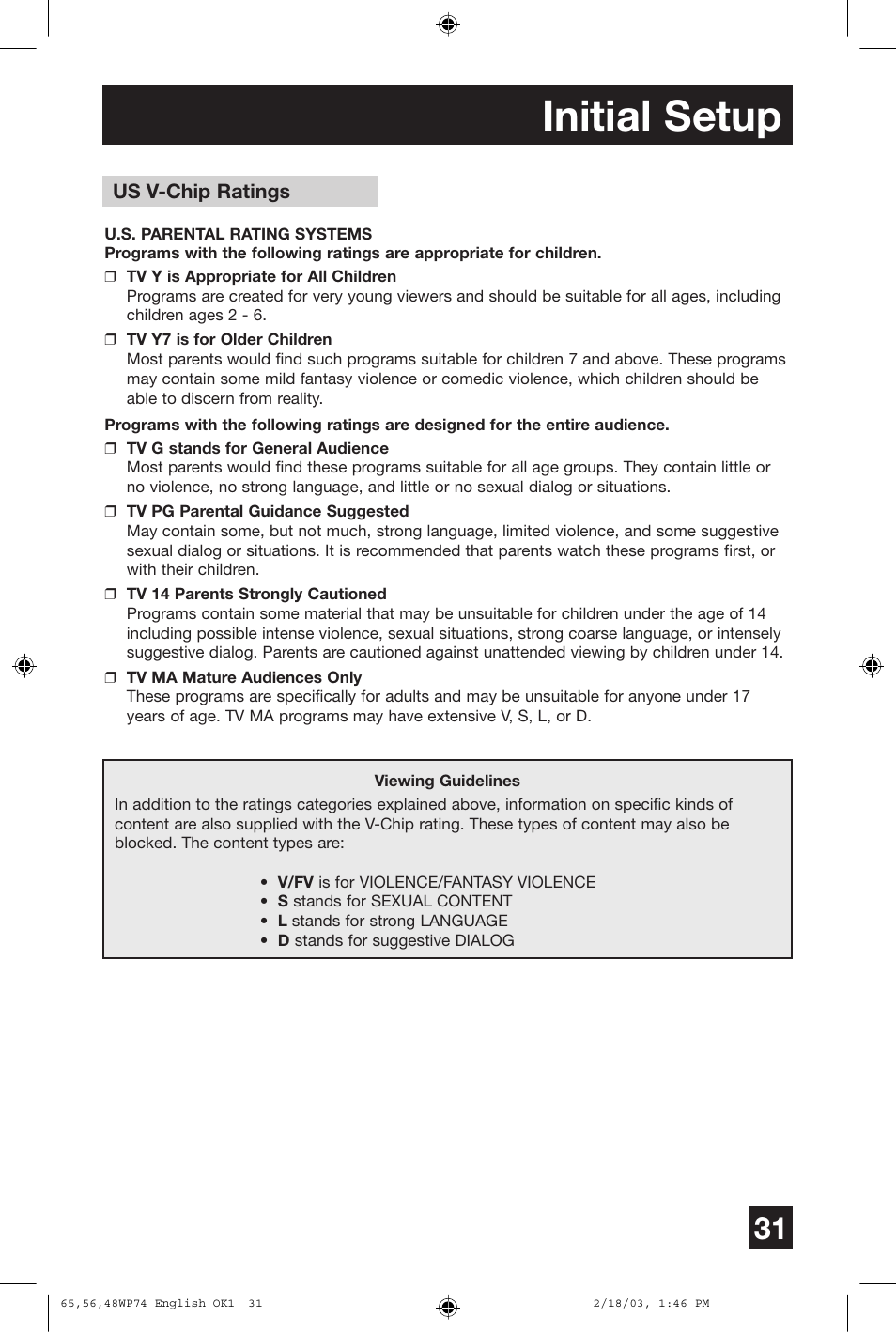 Initial setup | JVC AV 65WP74 User Manual | Page 31 / 64
