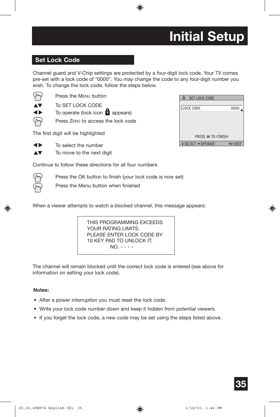 Initial setup | JVC AV 65WP74 User Manual | Page 35 / 64