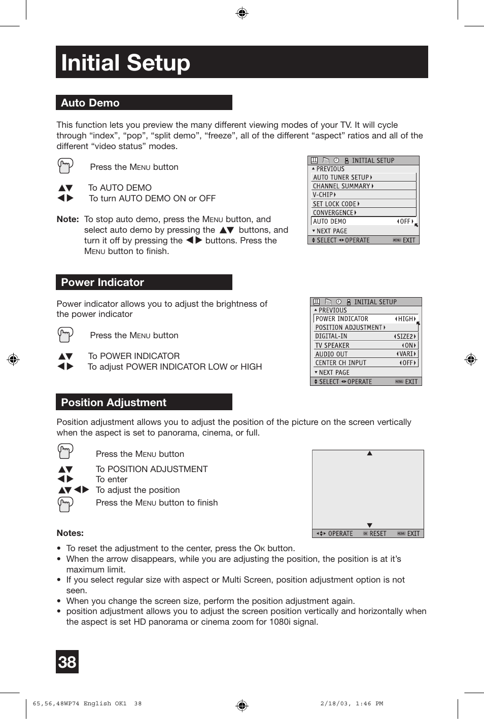 Initial setup, Auto demo, Power indicator position adjustment | JVC AV 65WP74 User Manual | Page 38 / 64
