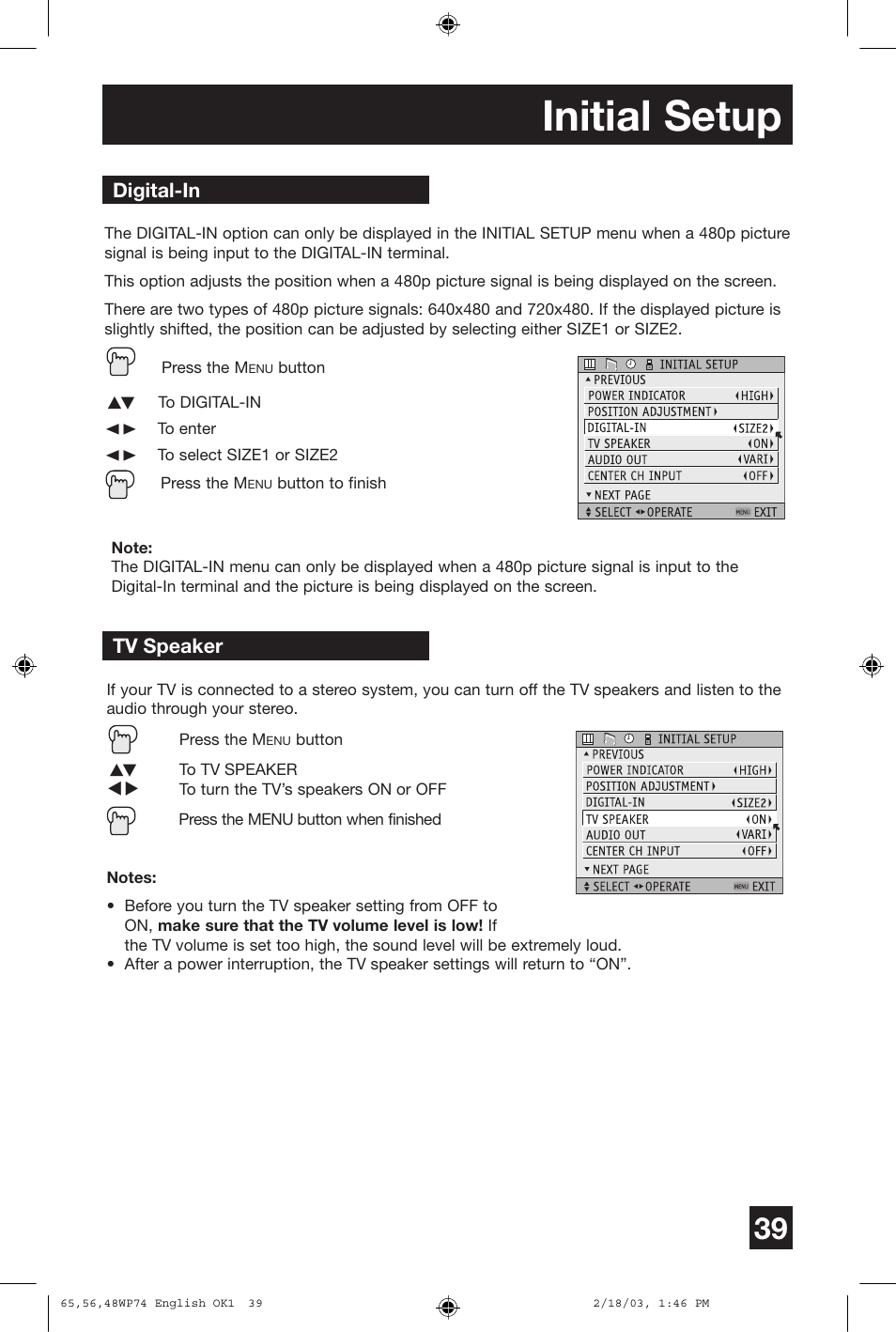 Initial setup | JVC AV 65WP74 User Manual | Page 39 / 64