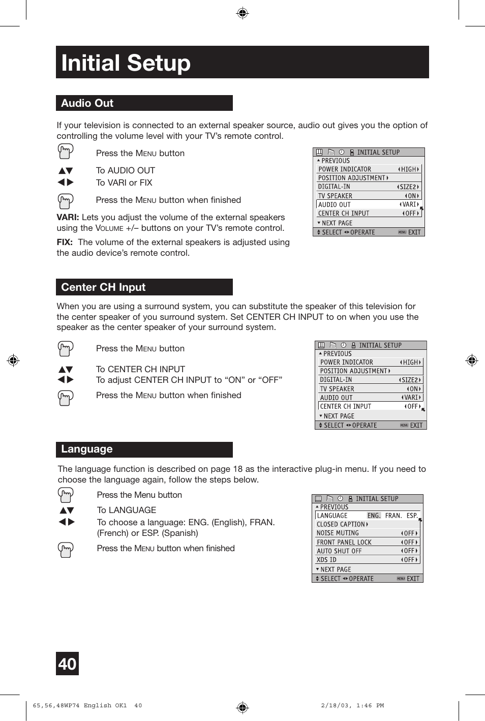 Initial setup, Language, Audio out center ch input | JVC AV 65WP74 User Manual | Page 40 / 64