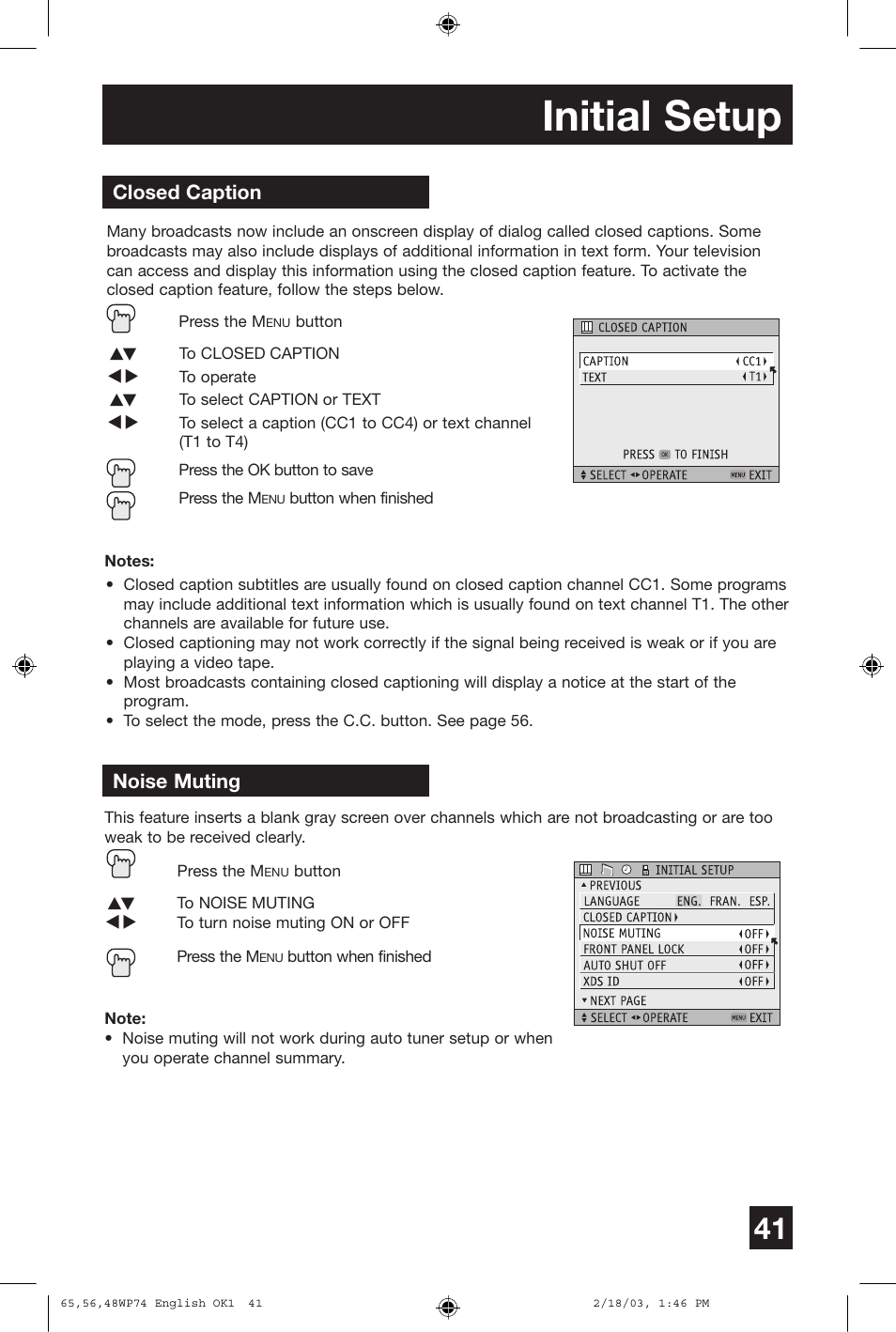 Initial setup | JVC AV 65WP74 User Manual | Page 41 / 64
