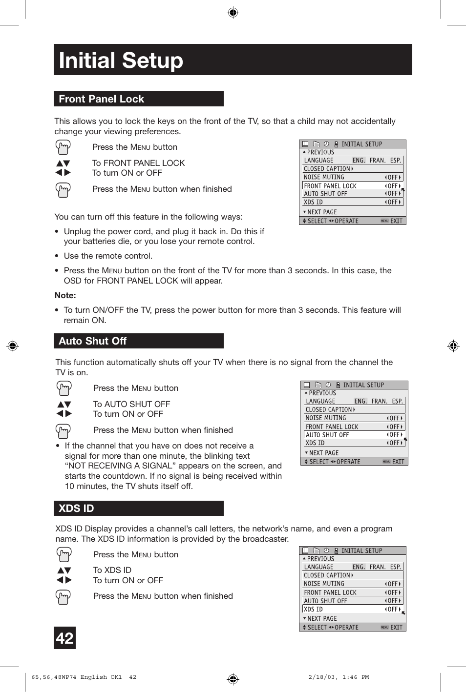 Initial setup, Front panel lock, Auto shut off xds id | JVC AV 65WP74 User Manual | Page 42 / 64