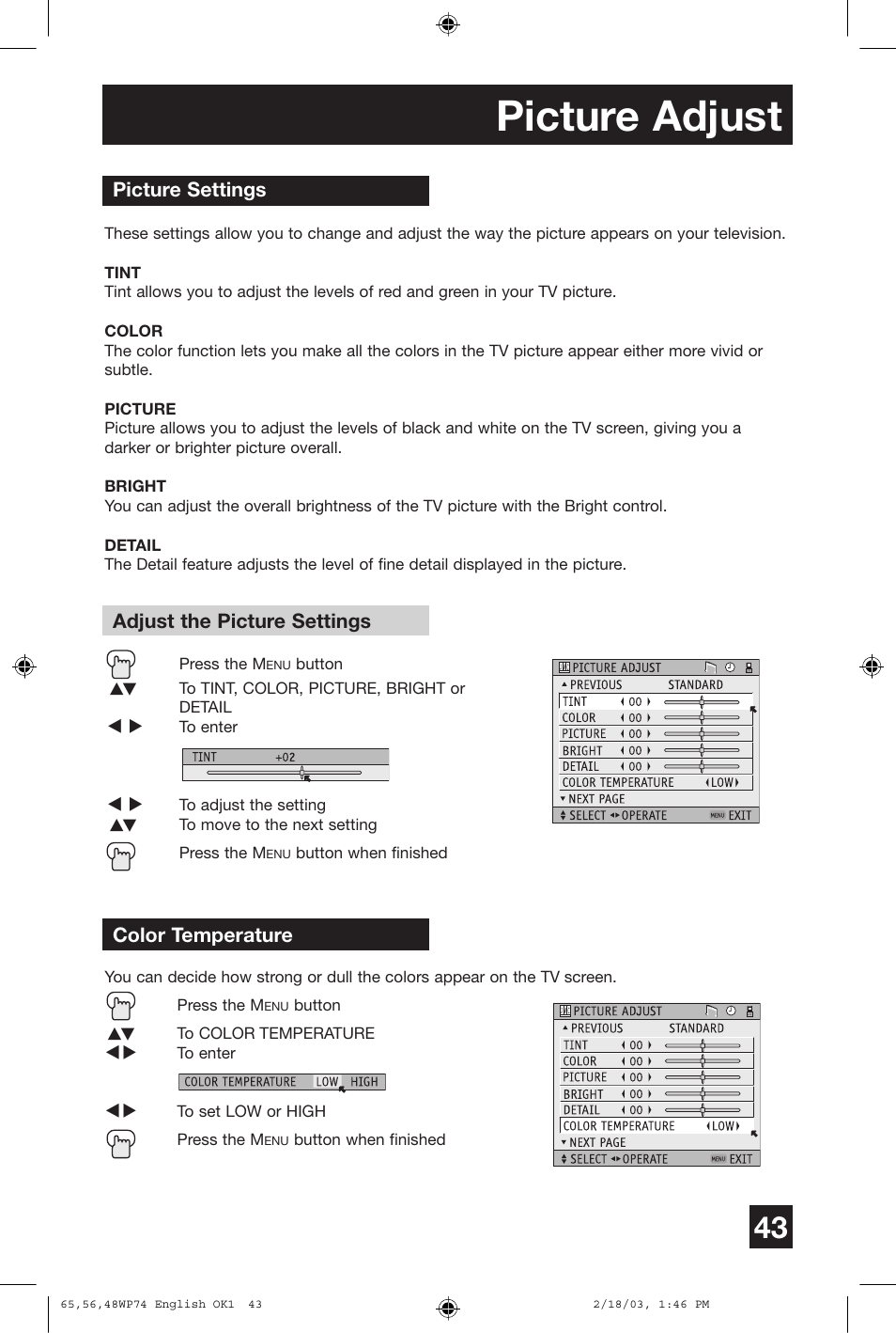 Picture adjust | JVC AV 65WP74 User Manual | Page 43 / 64