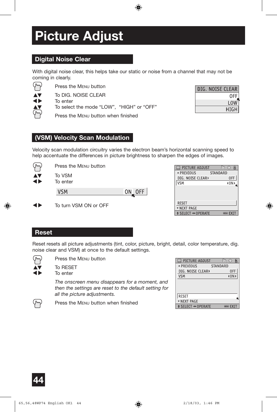 Picture adjust | JVC AV 65WP74 User Manual | Page 44 / 64